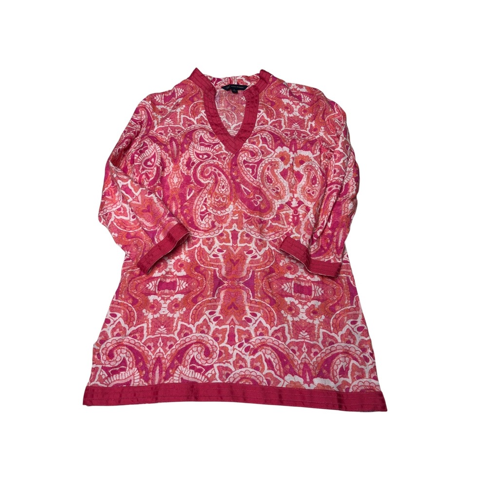 Brooks Brothers 346 Womens Pink Orange Paisley‎ Linen Tunic Top 3/4 Sleeve Small